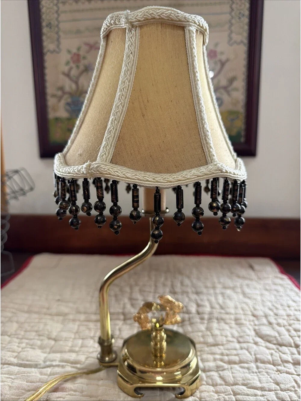 VTG Brass Table Lamp w/ Crystal Rabbit Figure Cottage Beaded Shade Shabby Chic